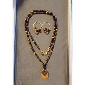 Liz Claiborne Beaded Heart Necklace And Hoop Earrings